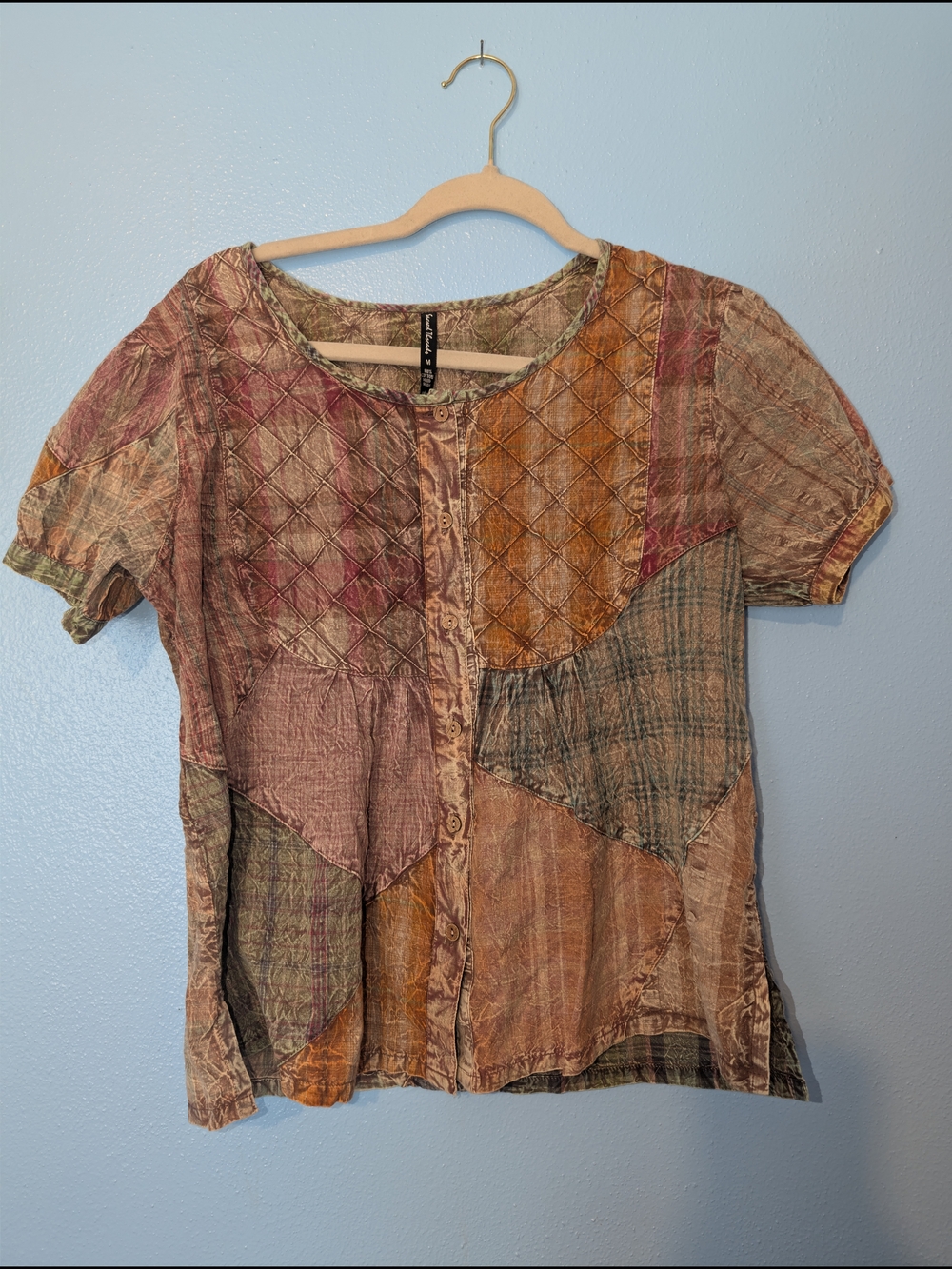 Sacred Threads Patchwork Button-Front Short Sleeve Top - Rust, Mauve, Olive